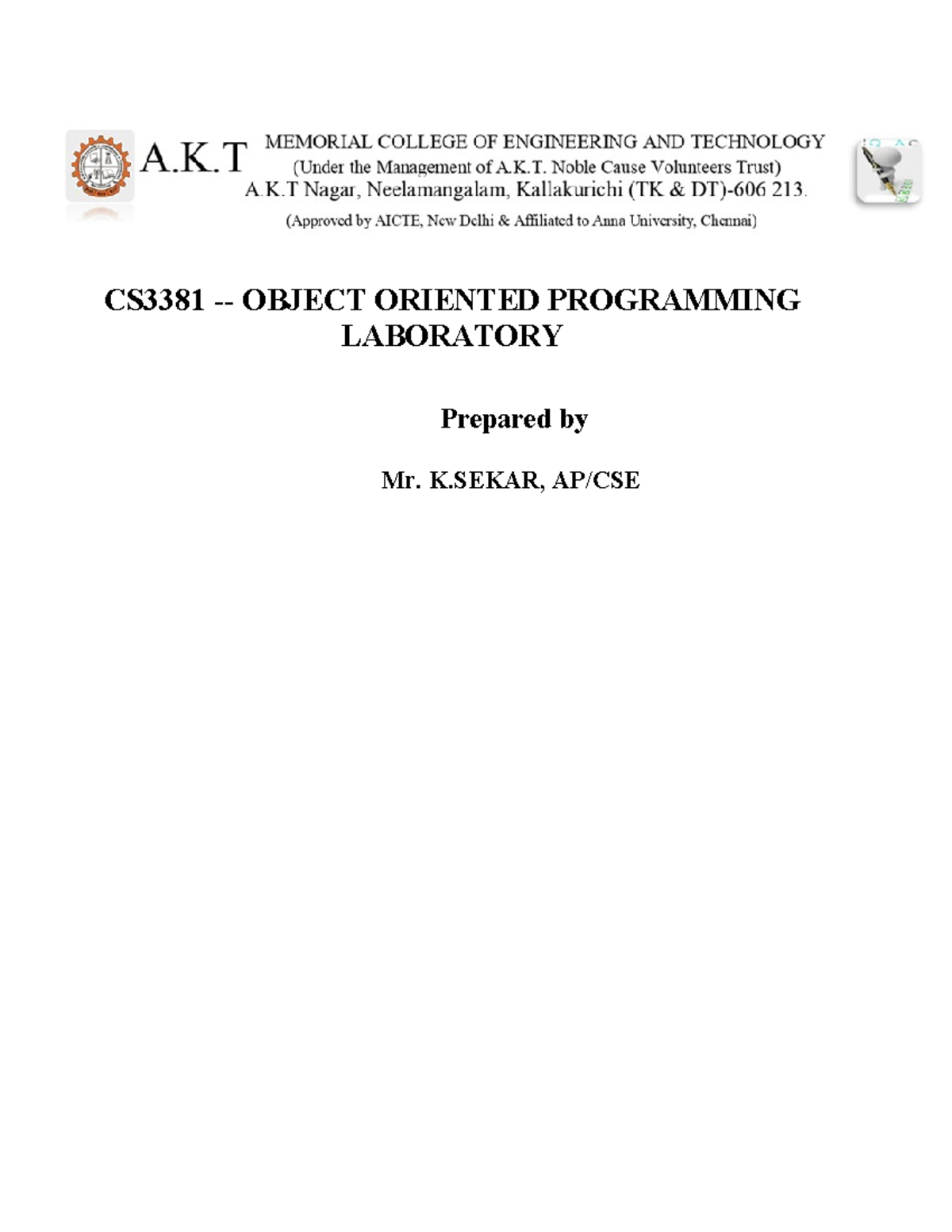 CS3381 Object Oriented Programming Lab Manual - Experiments Overview ...