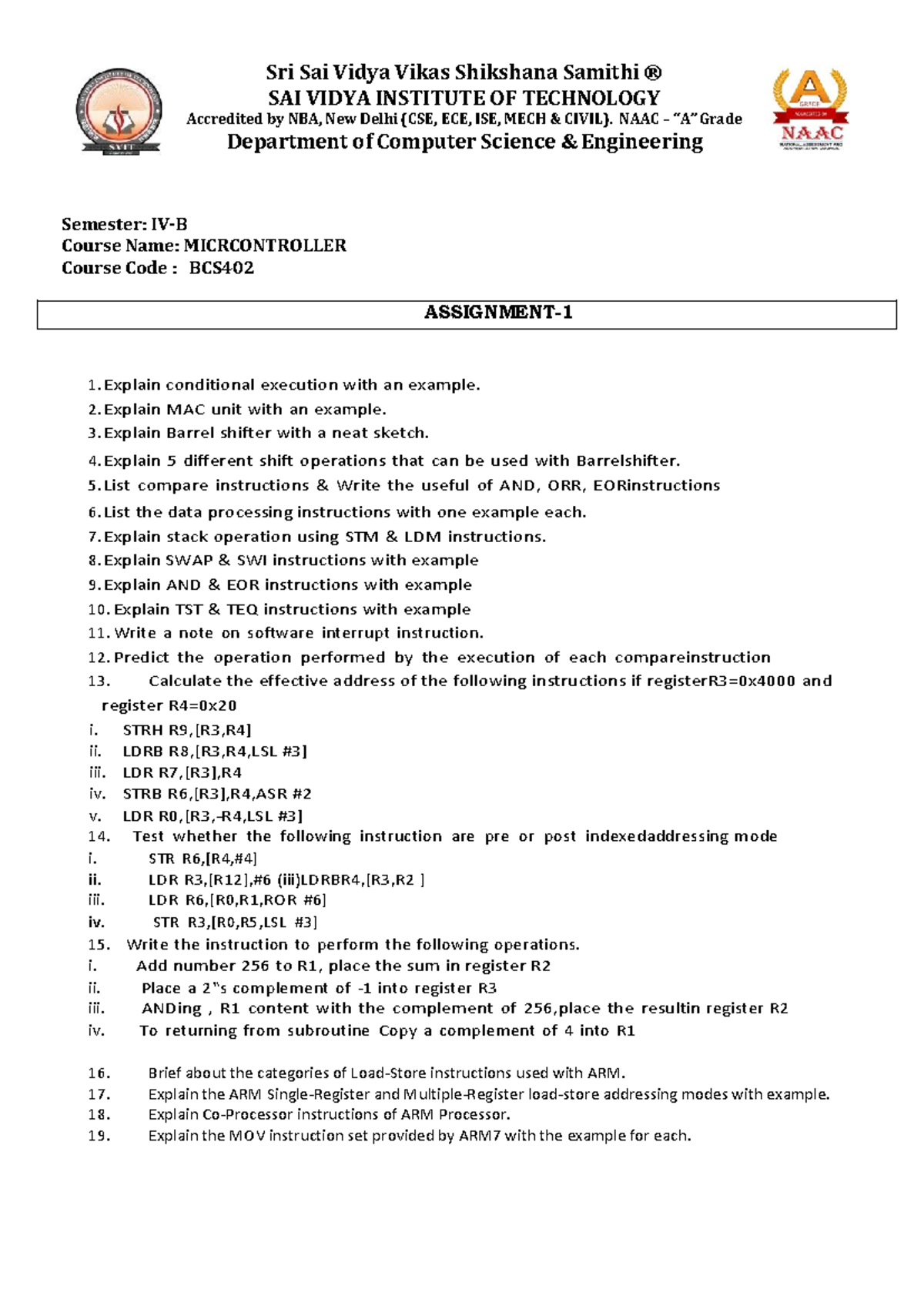 BCS402 - Microcontroller Assignment 1: Key Concepts & Instructions ...