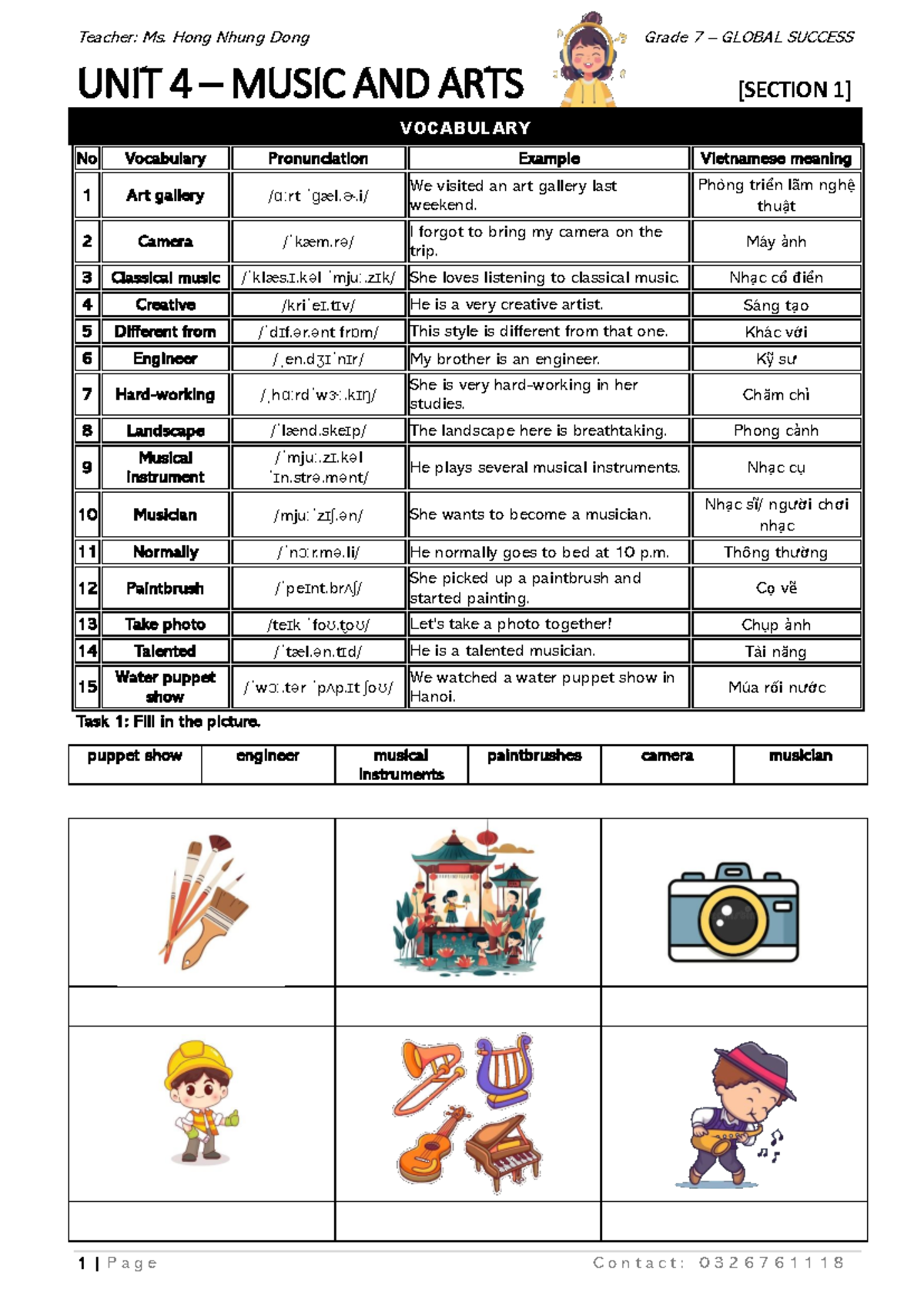 Grade 7 - UNIT 4 - Vocabulary on Music and Arts Activities - Studocu