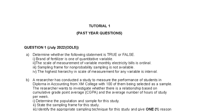 STA108 Tutorial 1: Past Year Questions & Sampling Techniques Analysis ...
