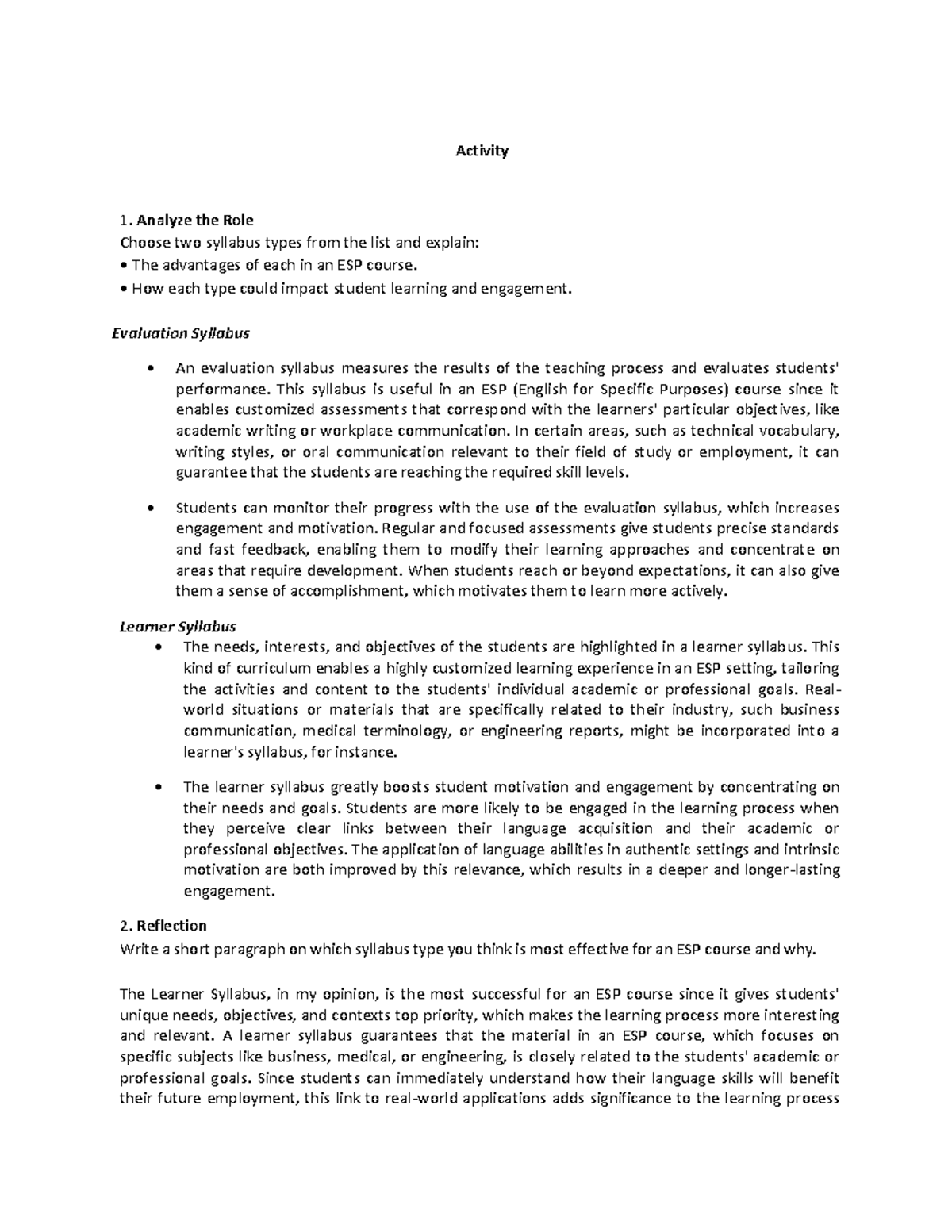 English for Special Purposes - Types of Syllabus Activity - Activity ...