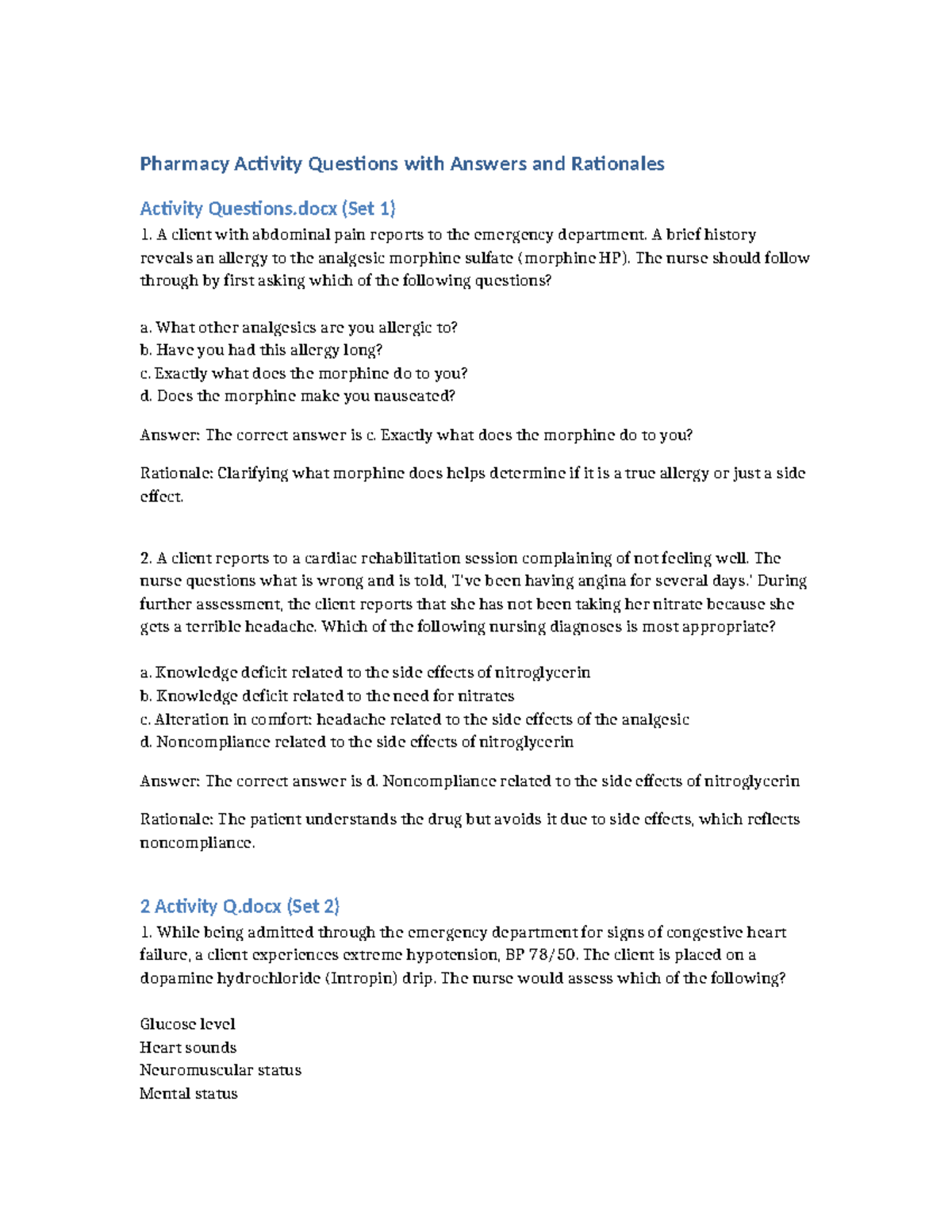 Pharmacy Activity Questions & Answers (Set 1 & 2) - Studocu