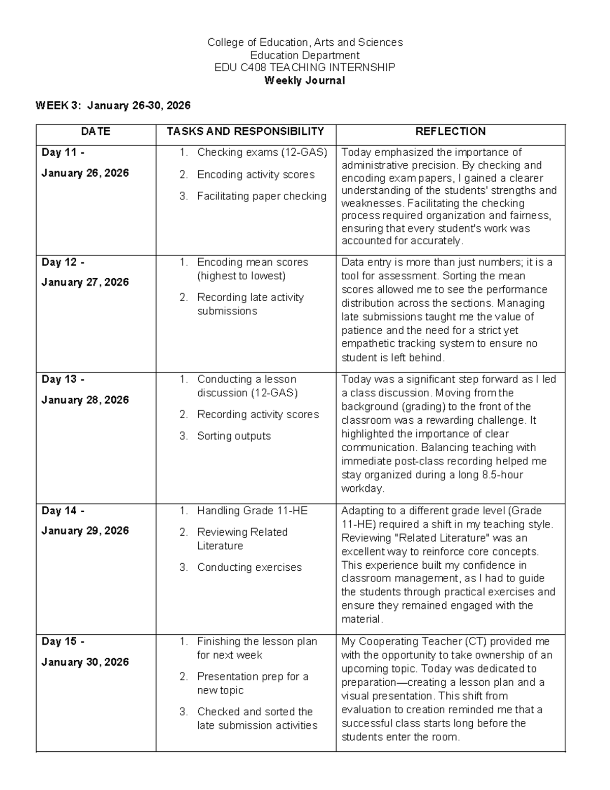 EDU C408 TEACHING INTERNSHIP Weekly Journal - Week 3 Reflection - Studocu