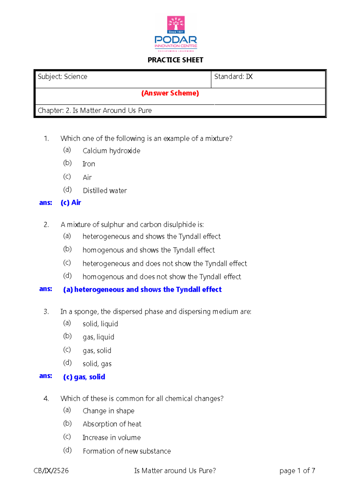 AS PS CB IX Sci: Is Matter Around Us Pure? Practice Sheet - Studocu