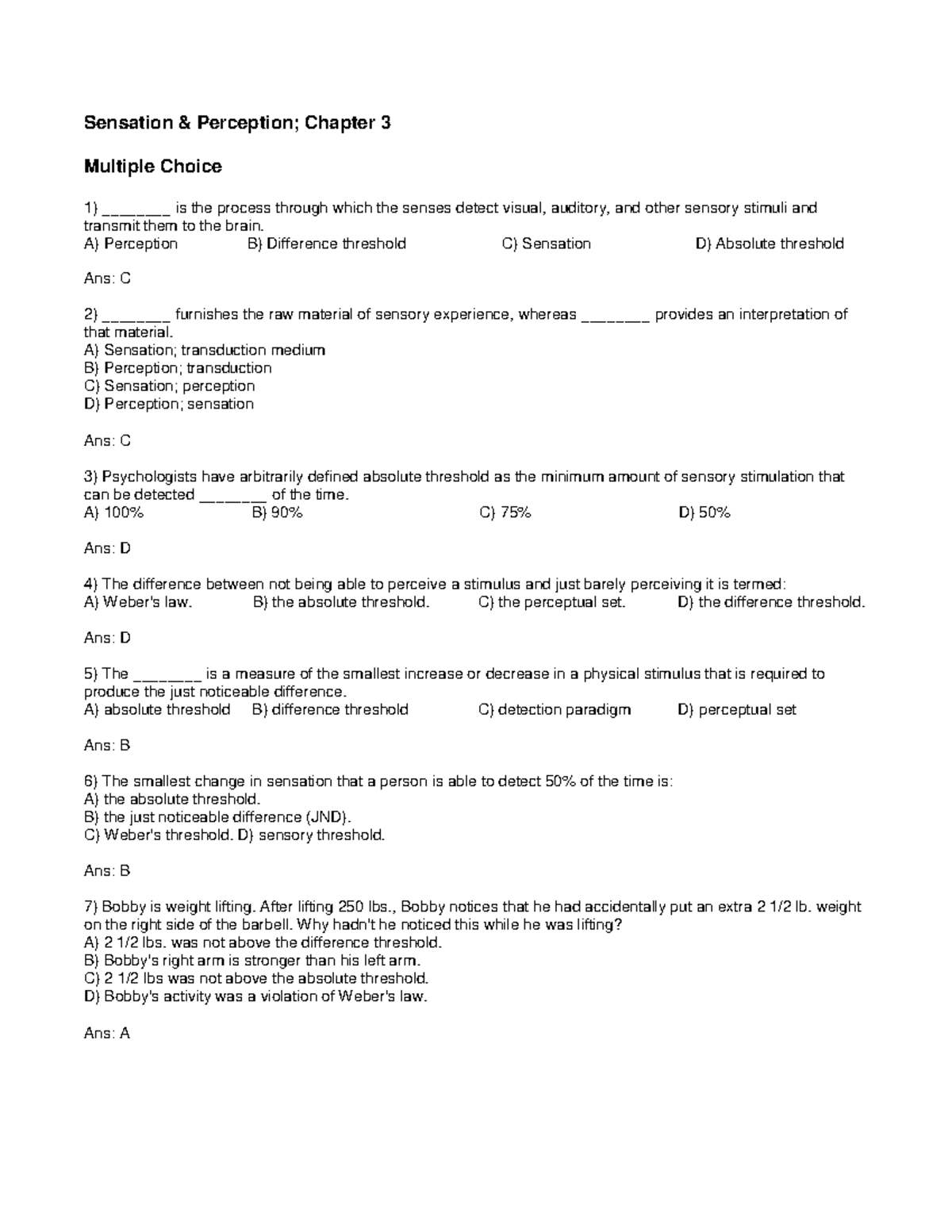 Sensation & Perception MC Practice Questions with Answers (501807634 ...