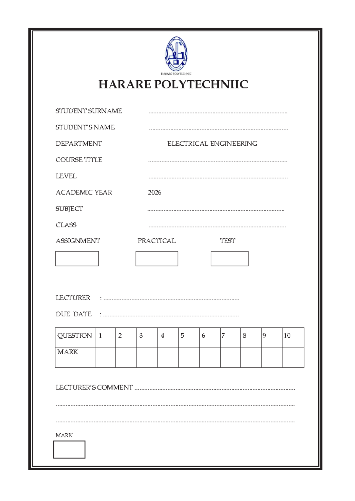 Harare POLY COMP Assignment Cover - HARARE POLYTECHNIIC STUDENT SURNAME ...