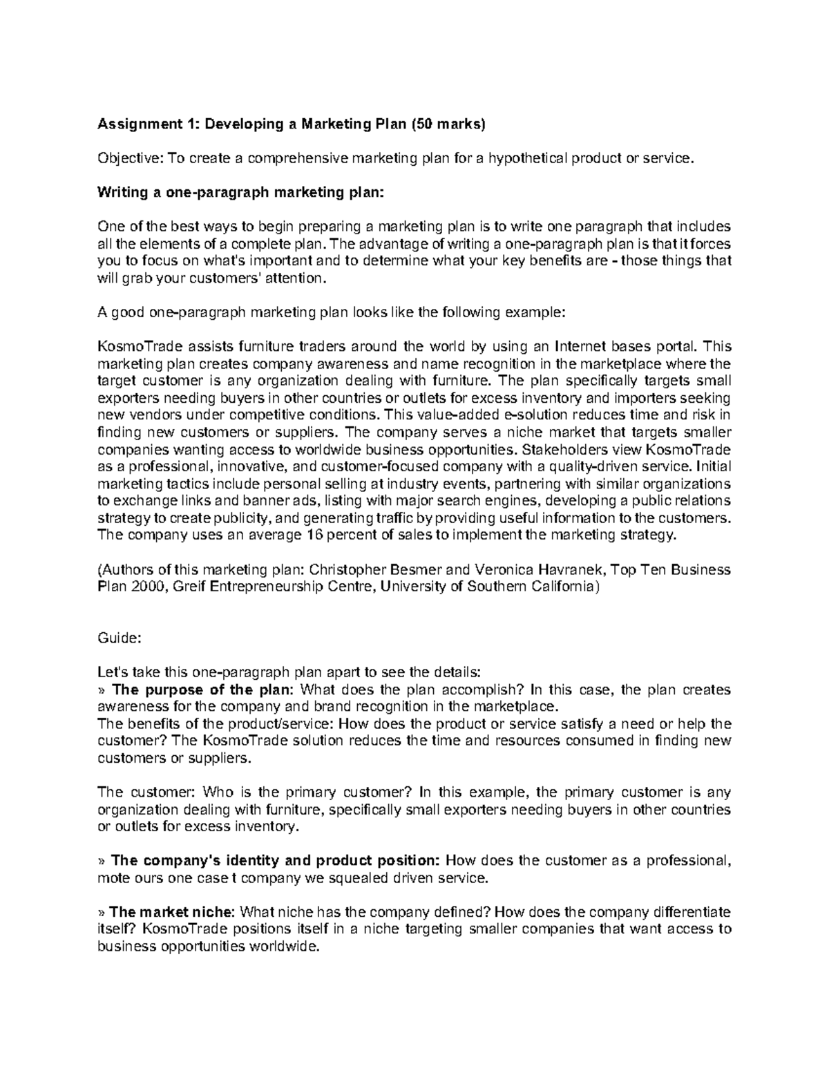 Marketing plan tutorial - Assignment 1 : Developing a Marketing Plan ...