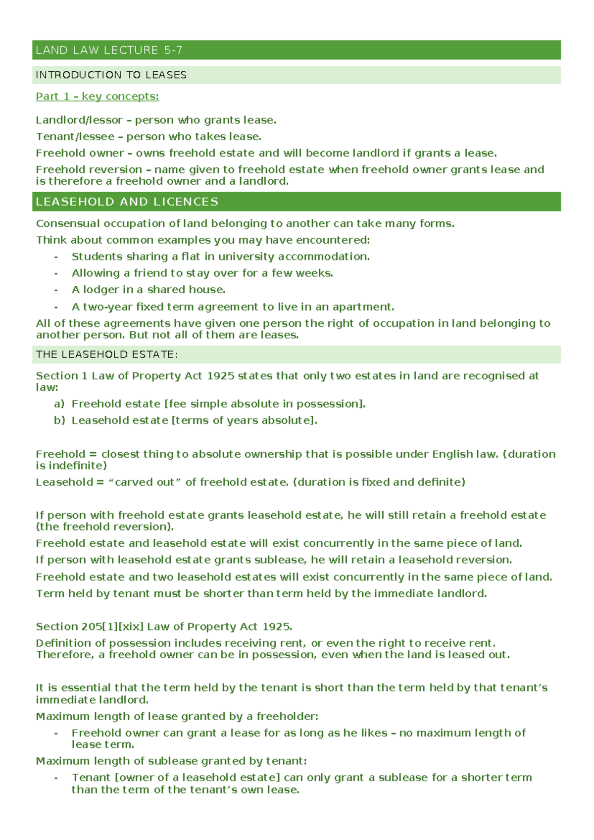 Land Law Lecture 5-7: Key Concepts of Leases and Licences - Studocu