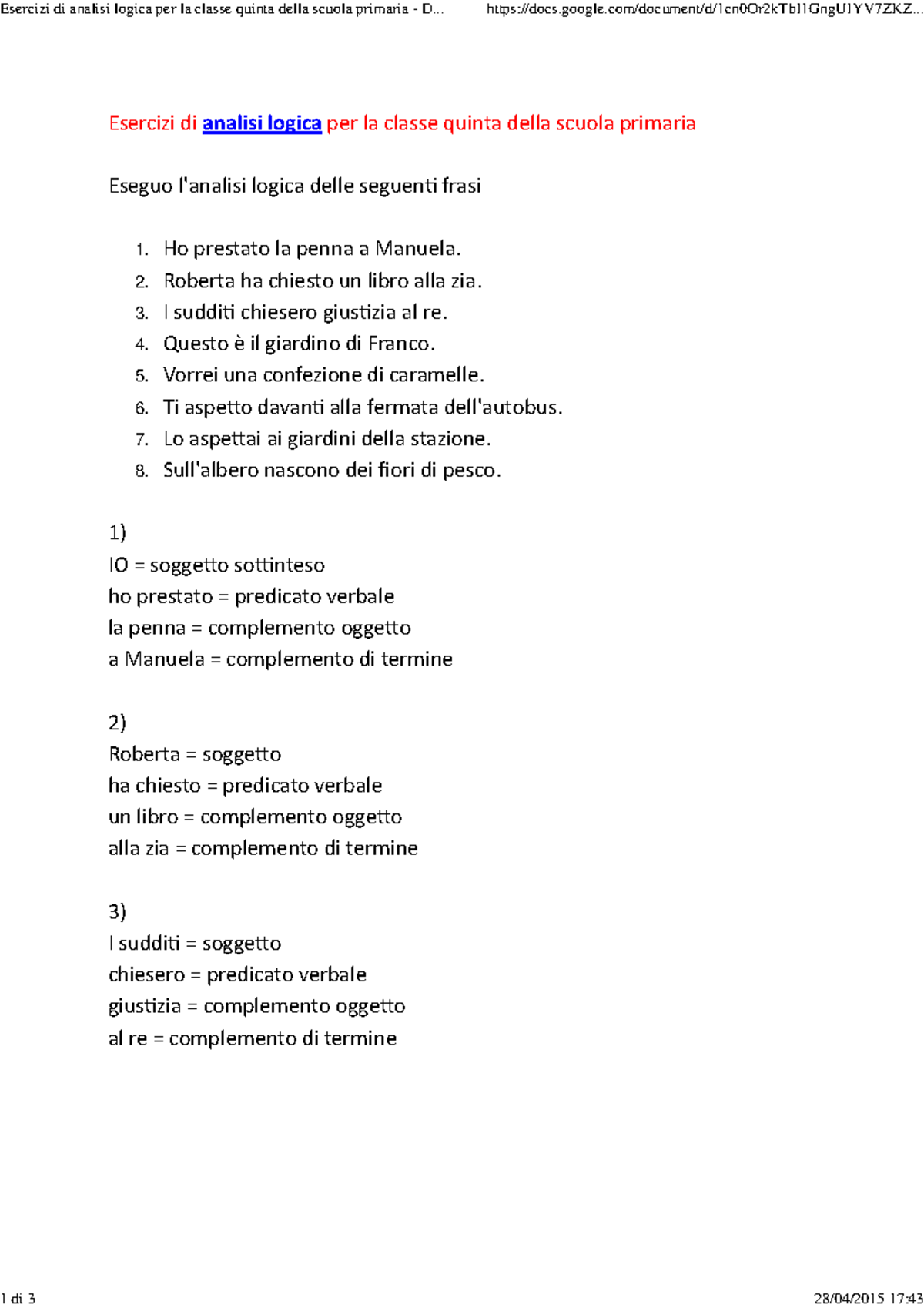 esercizi di analisi logica seconda media