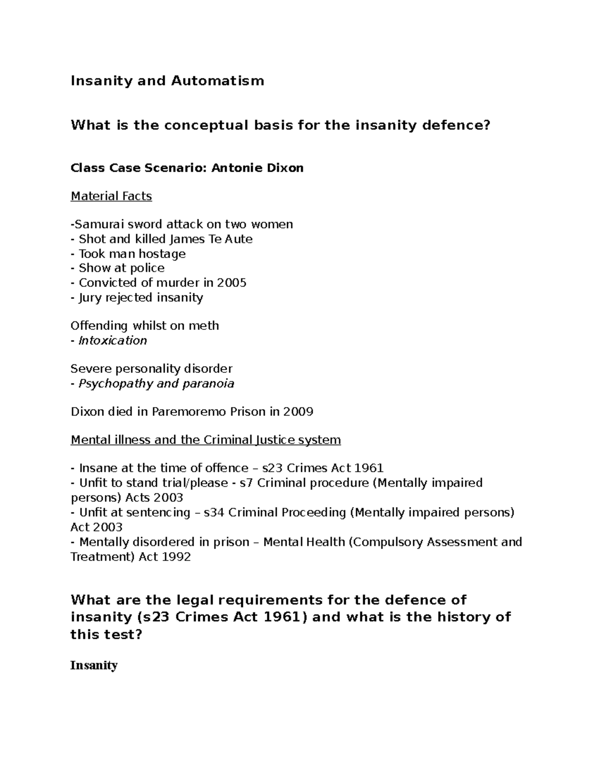 Insanity & Automatism in Criminal Law (Law 101: Case Studies) - Studocu