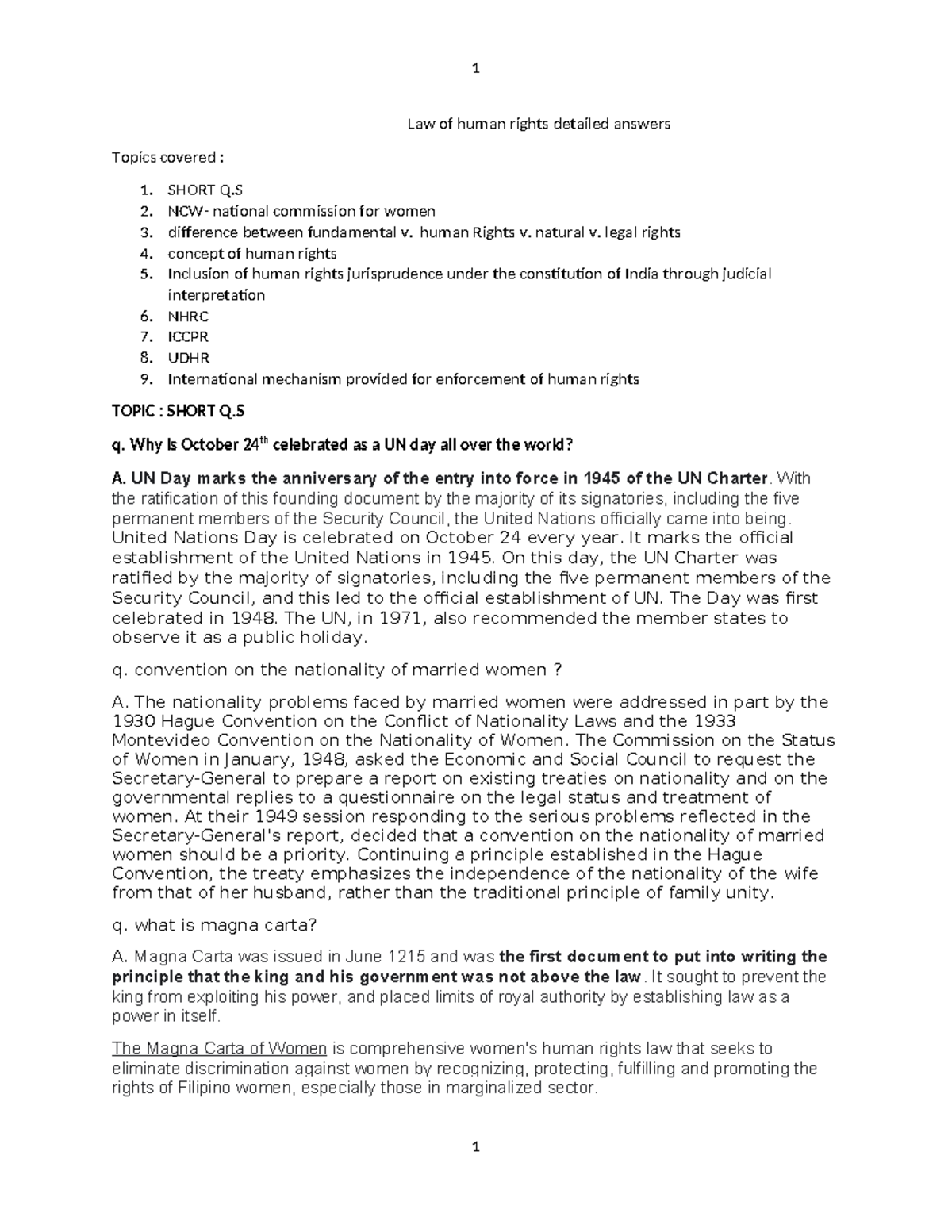 Human Rights Law Notes: Key Concepts and Topics Covered - Studocu