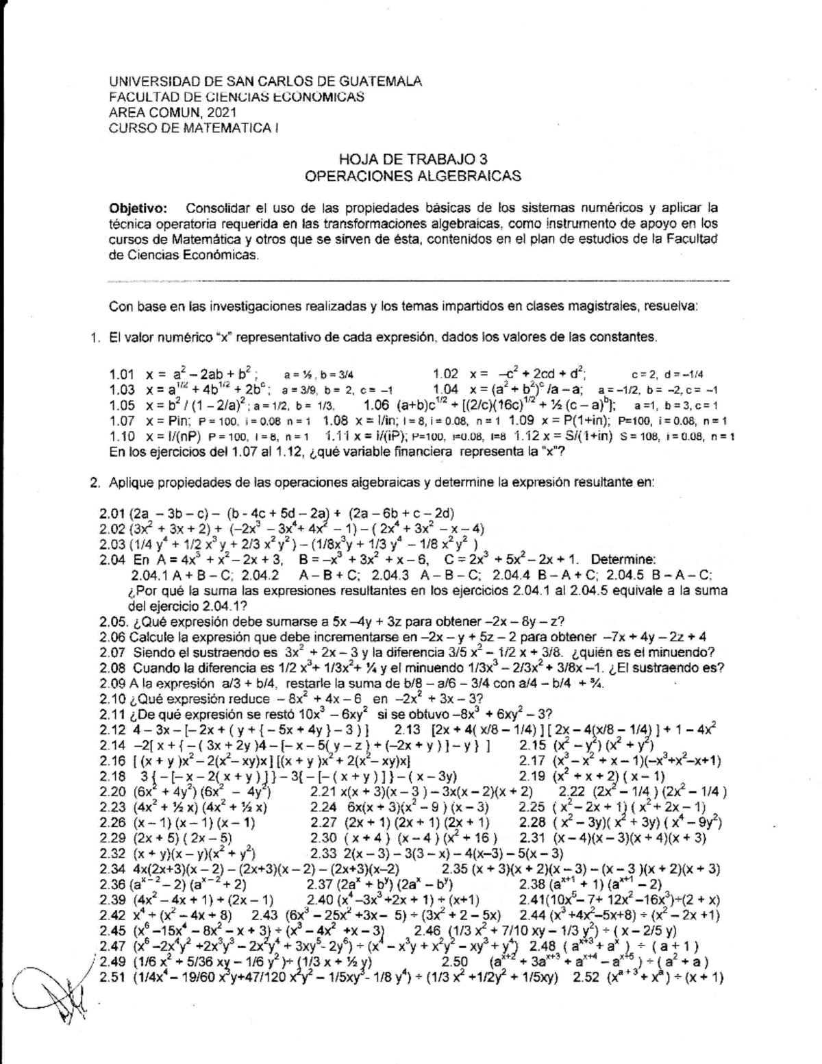 MI 2021 HOJA DE TRABAJO 3: Operaciones Algebraicas en Matemática I ...