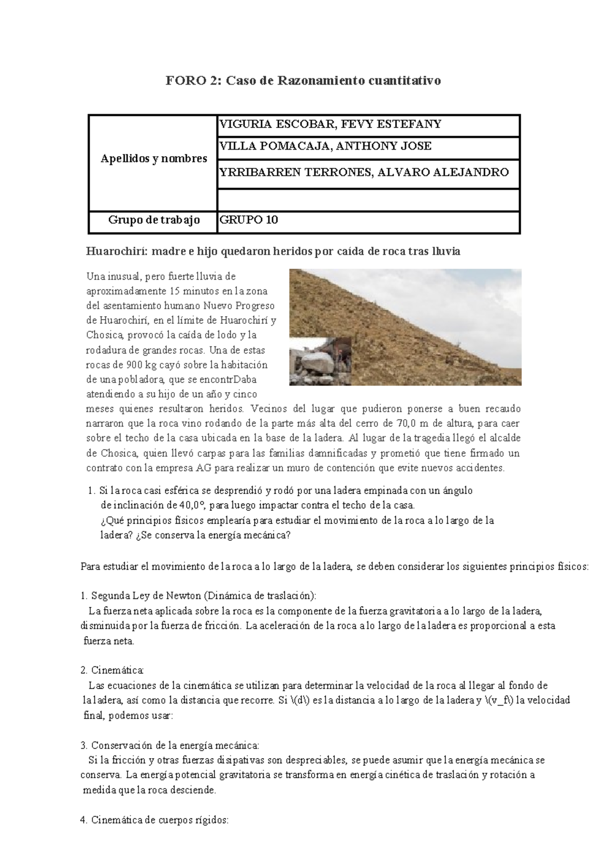 FORO 02 CASO Movimiento de Roca y Principios Físicos en Huarochirí - Document Preview