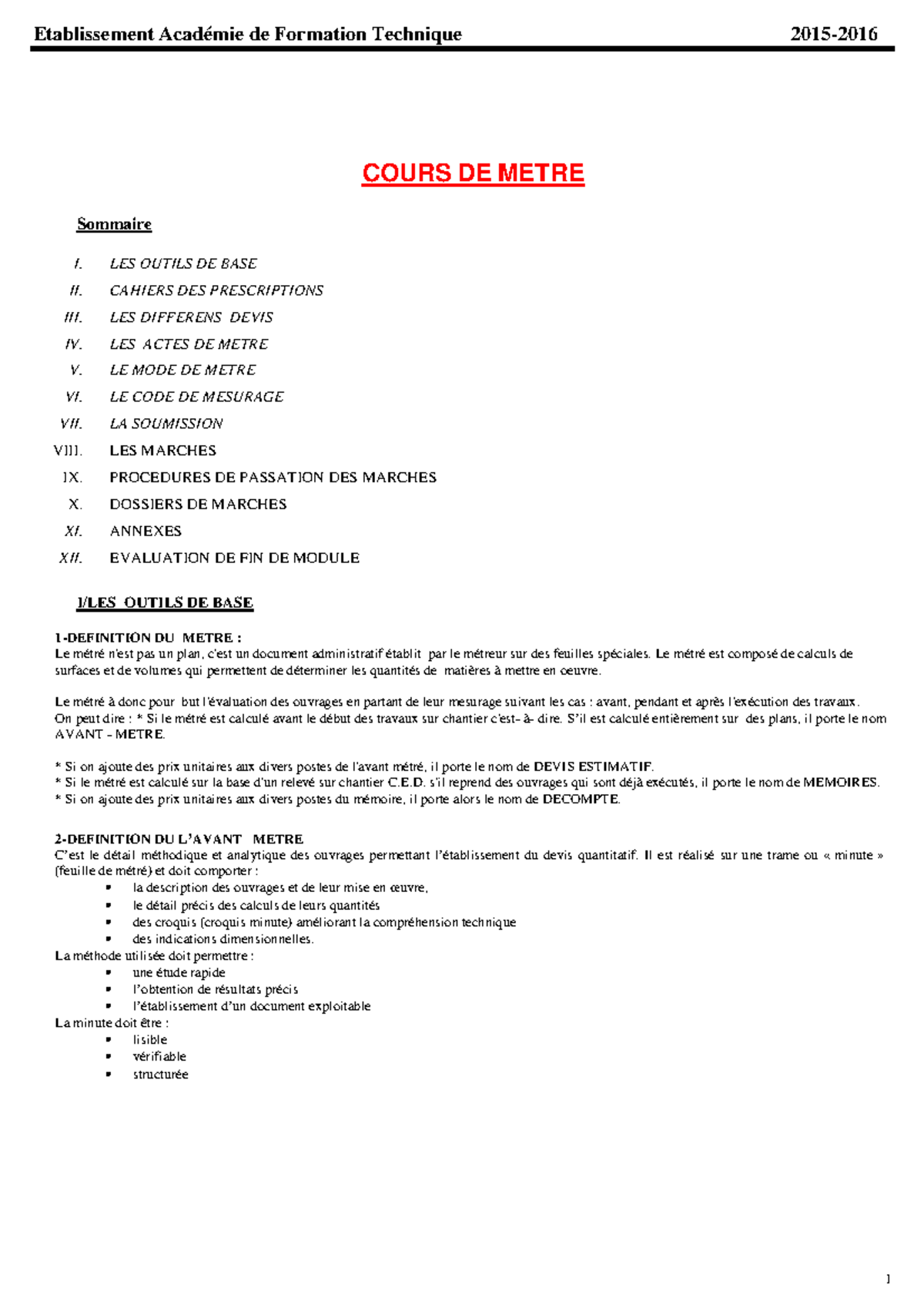 Cours de Metré - Outils et Méthodologie pour Études de Prix - Studocu