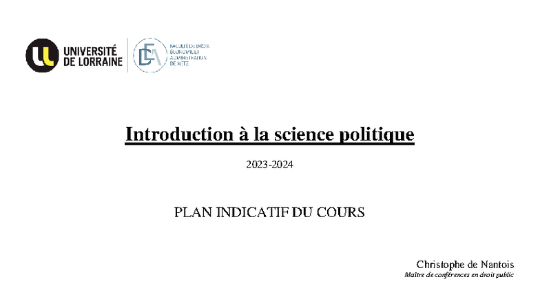 Introduction à la science politique - Plan de cours 2023-2024 - Studocu