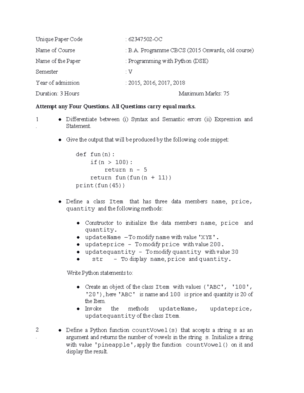 Qn ppr04 - Question paper of Python programming. - Unique Paper Code ...