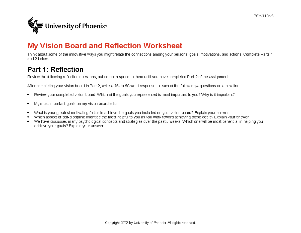 Psy110 v6 Week 5 Vision Board & Reflection Worksheet - Studocu