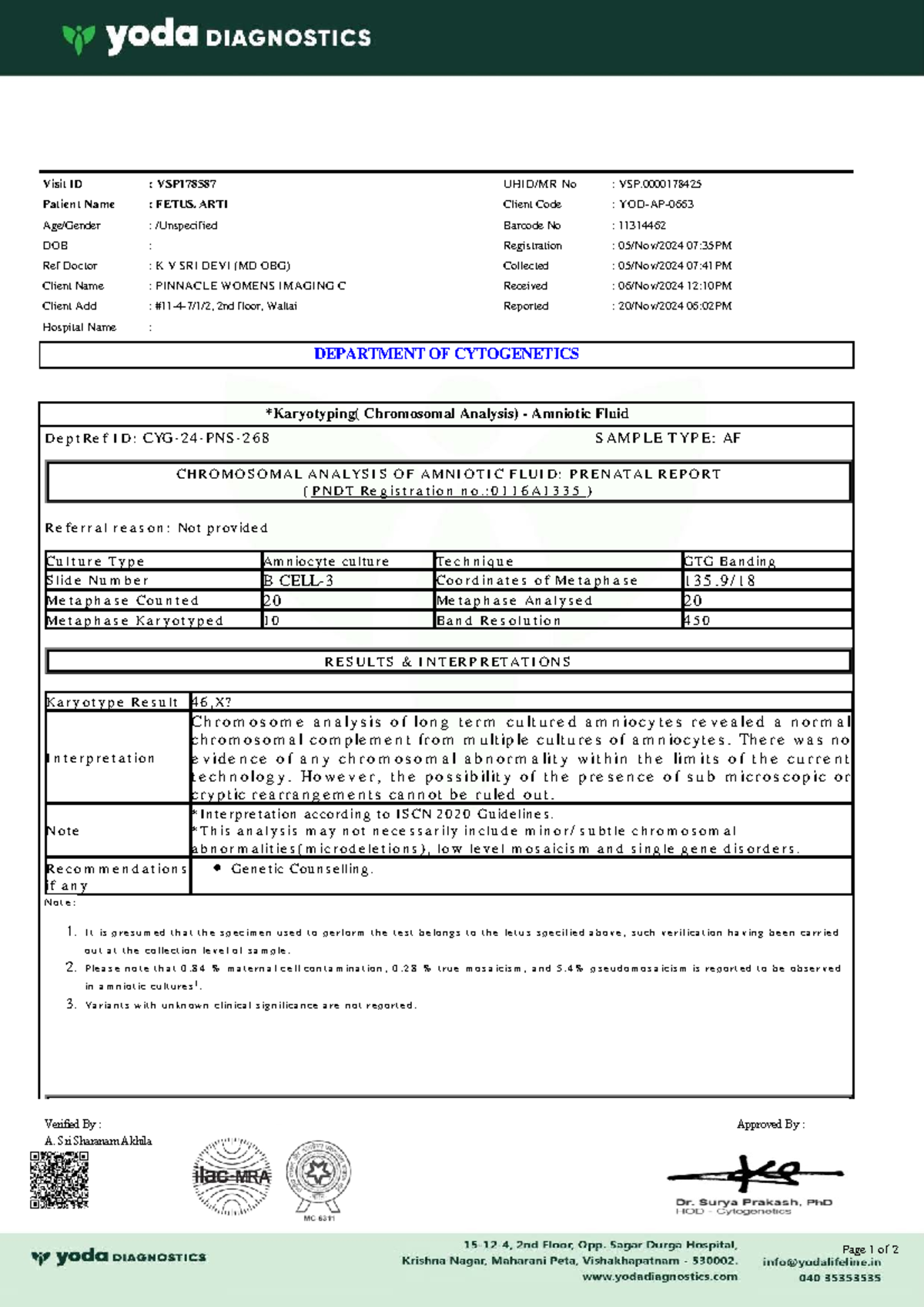 Prenatal Chromosomal Analysis Report - Fetus. ARTI VSP178587 - Studocu