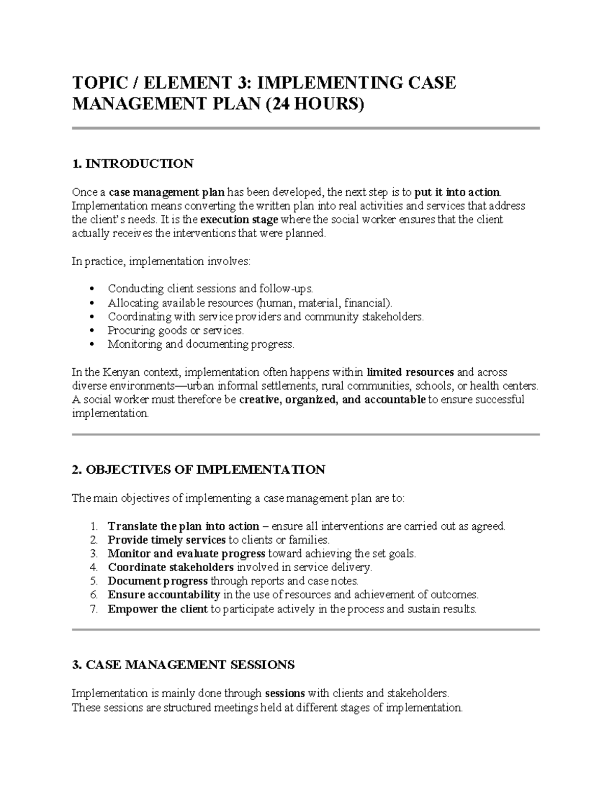 Implementing Case Management Plan in Social Work (SW 101) - Studocu