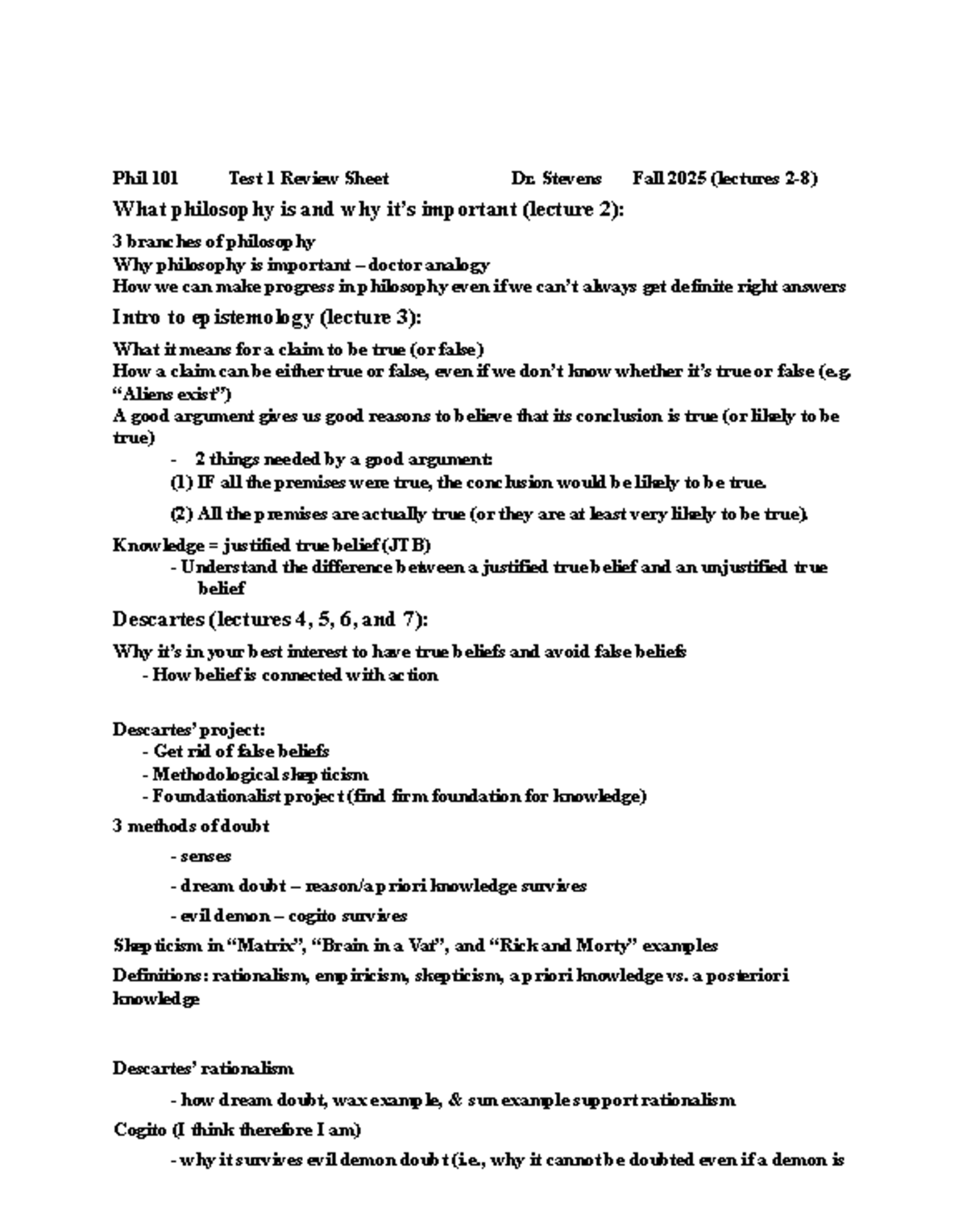 PHIL 101 Test 1 Review Sheet: Dr. Stevens Fall 2025 (Lectures 2-8 ...