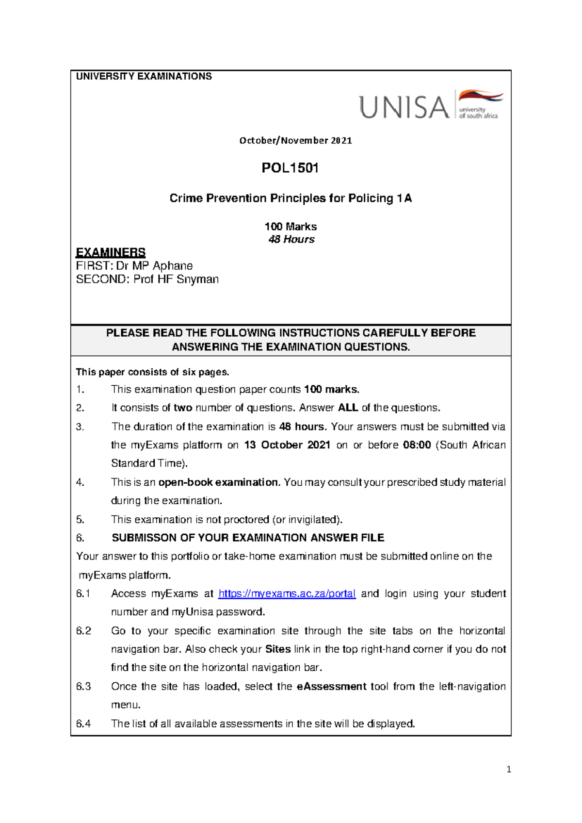 POL1501 Oct/Nov 2021 Crime Prevention Principles Examination Guide ...
