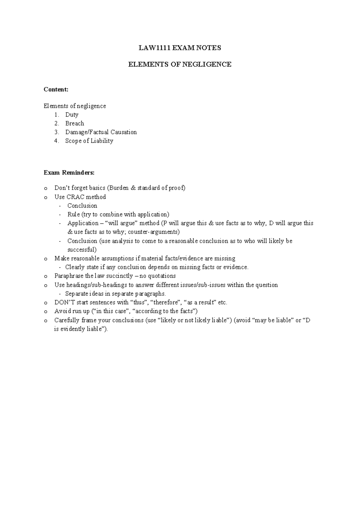 LAW1113 Final Exam Notes: Elements of Negligence Structure - Studocu