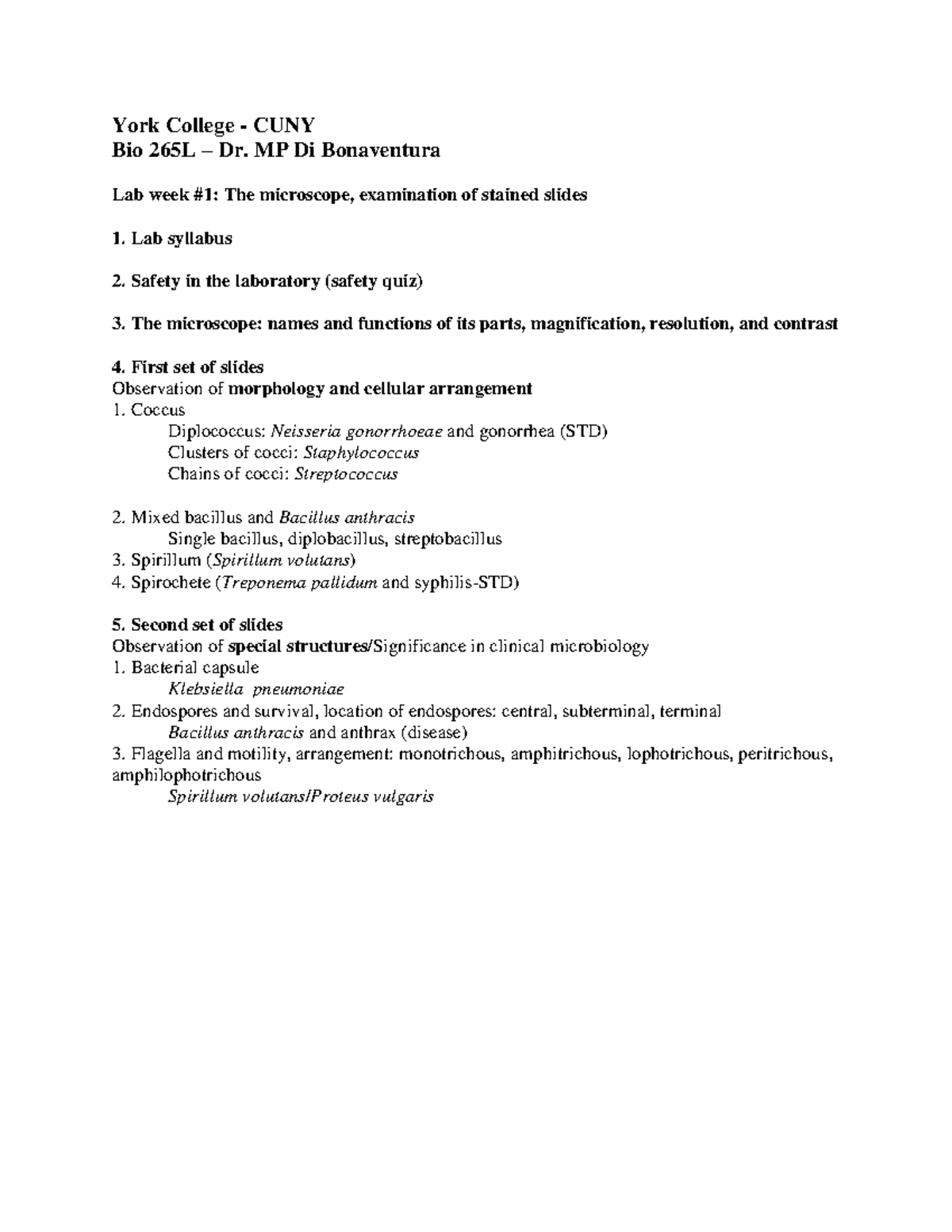 Bio 265L Lab Week 1: Microscope & Bacterial Slide Examination - York ...