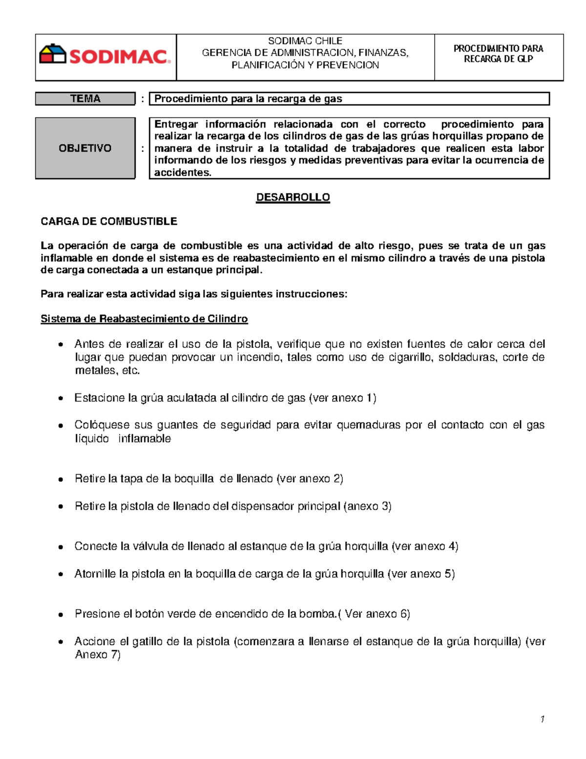 SODIMAC CHILE: Procedimiento para Recarga de GLP en Grúas Horquillas - Document Preview