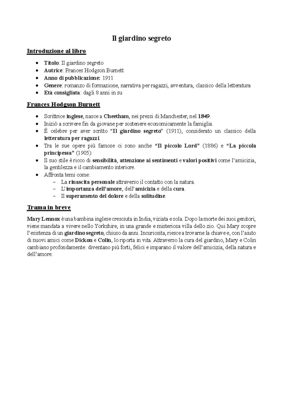 Il giardino segreto: Analisi e Attività Didattiche per Ragazzi - Document Preview