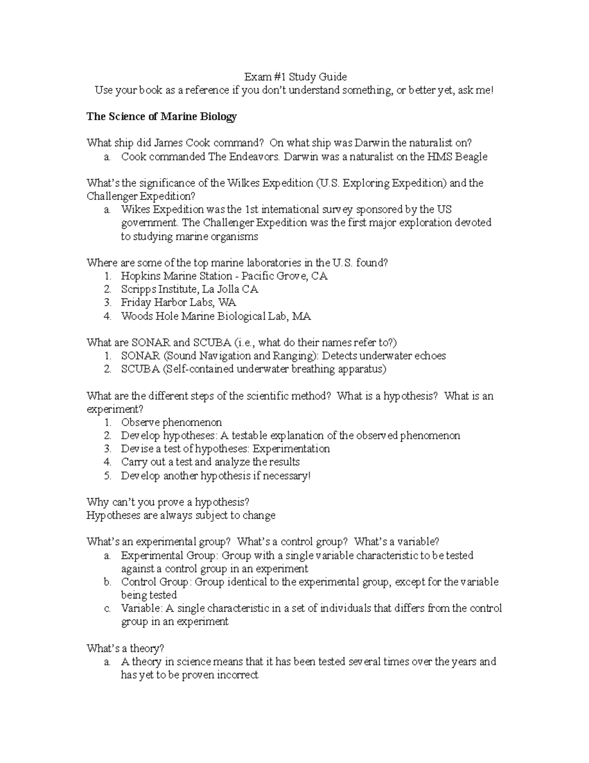 Marine Biology Exam #1 Study Guide: Key Concepts and Theories - Exam #1 ...