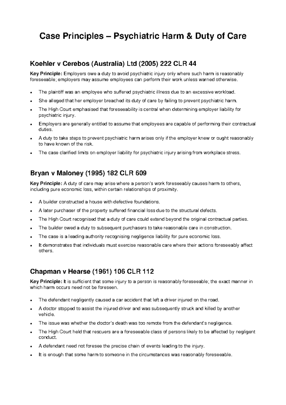 Case Principles: Psychiatric Harm & Duty of Care in Australia - Studocu