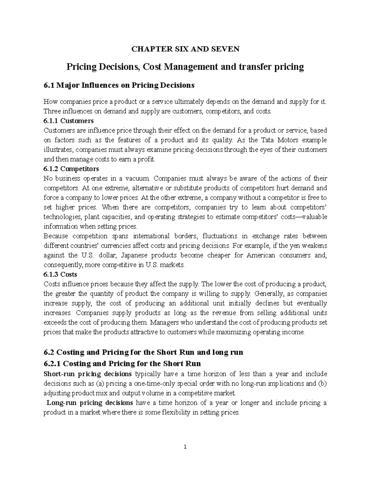 Chapter 6 &7 cost 2 - Cost II - CHAPTER SIX AND SEVEN Pricing Decisions ...