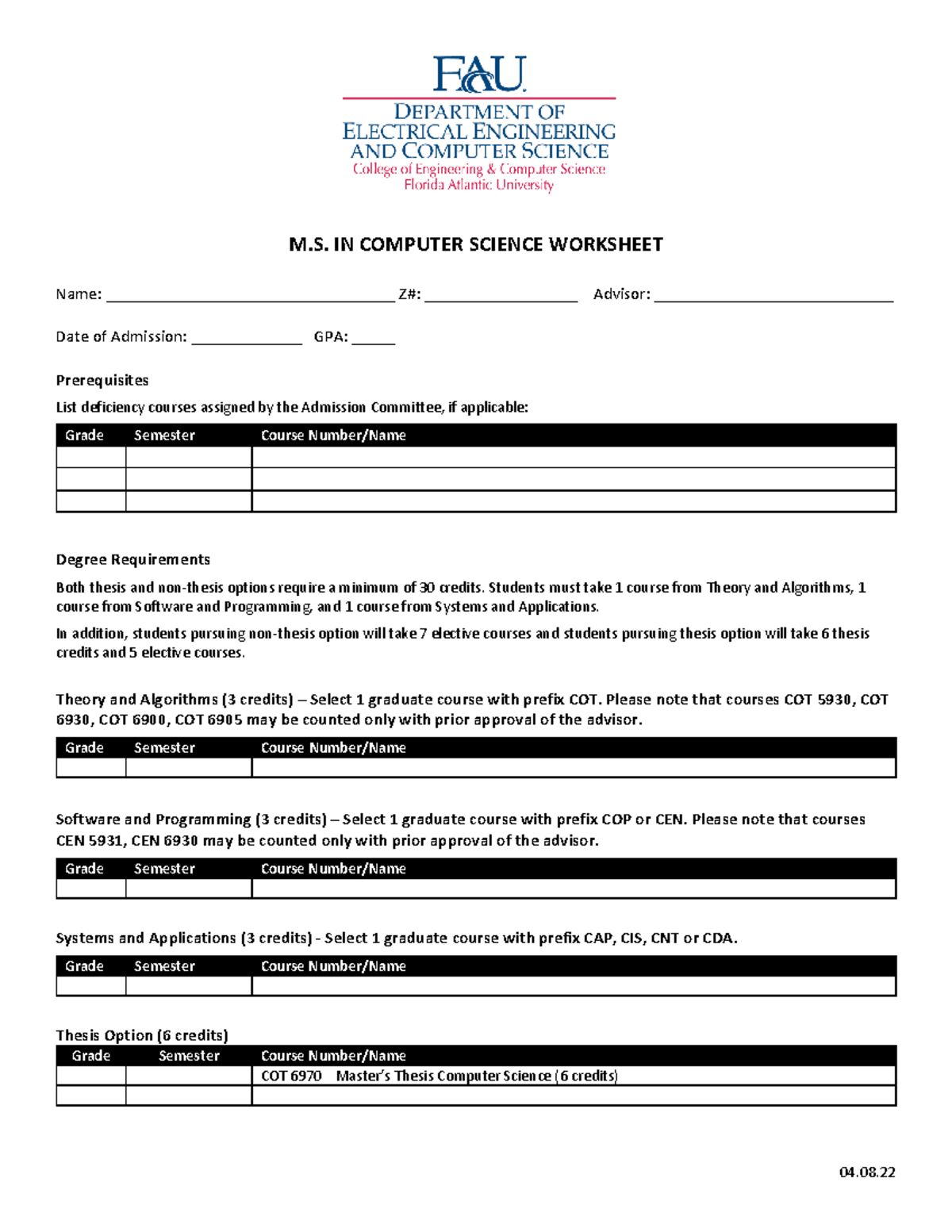 M.S. in Computer Science Worksheet - Degree Requirements & Courses ...