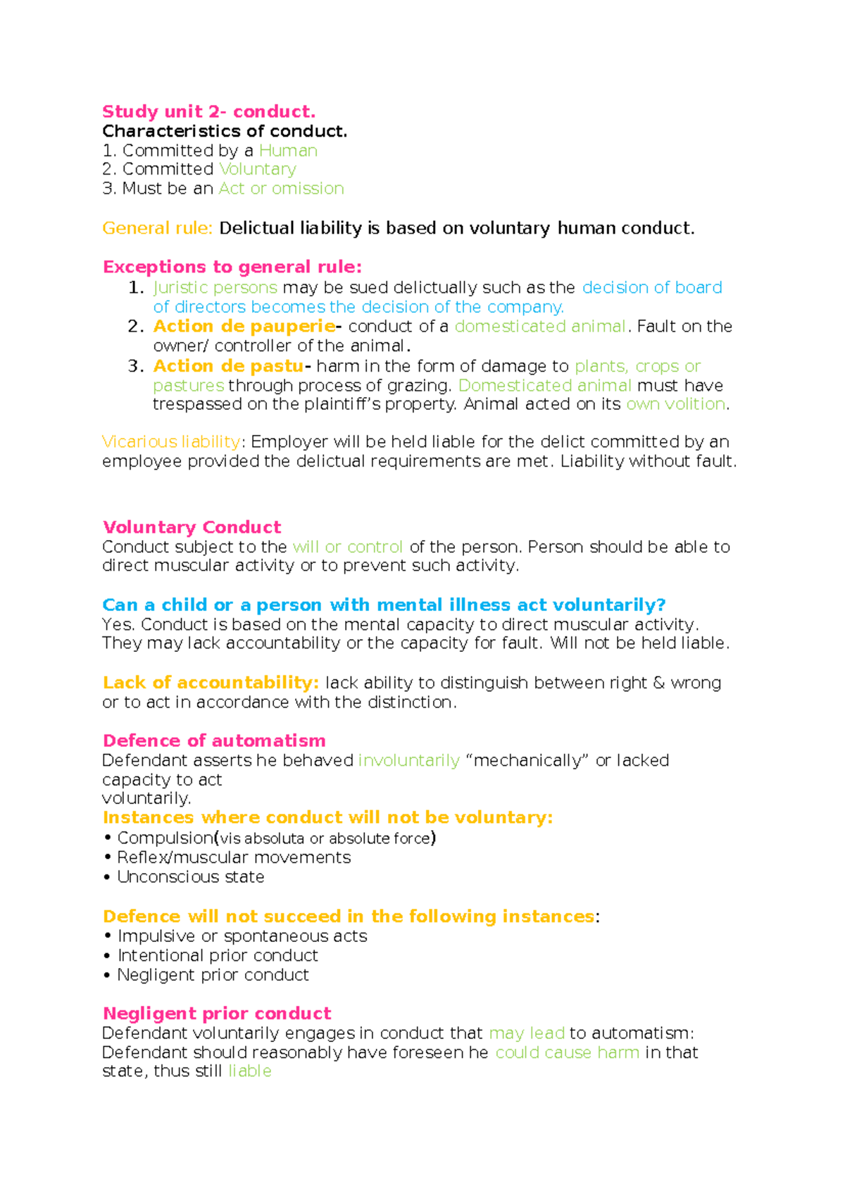 IURI 273 Final Exam Summary: Key Concepts in Law of Delict - Studocu