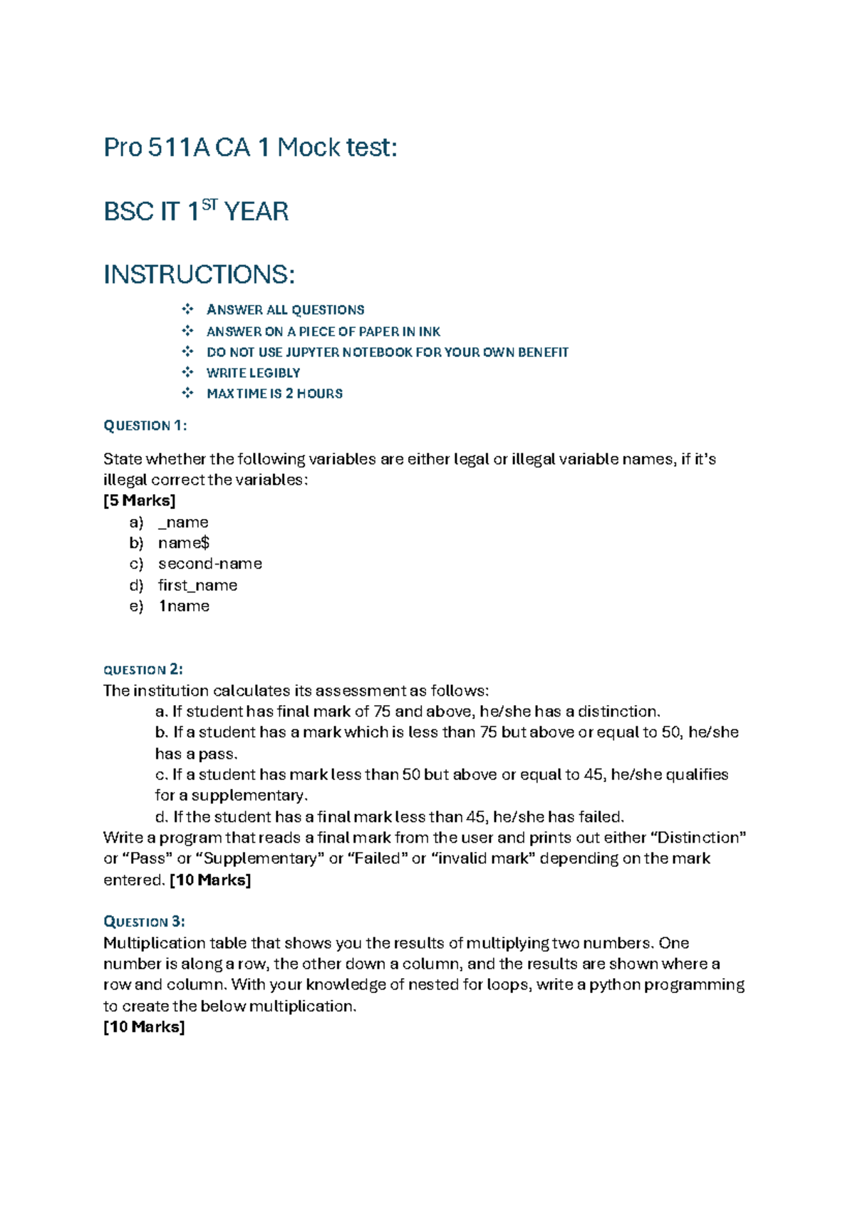 Pro 511A CA 1 Mock Test: Programming Concepts & Solutions - Studocu