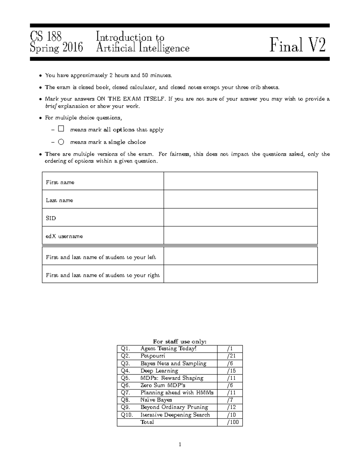 CS 188 Spring 2016 Final Exam Solutions - Studocu