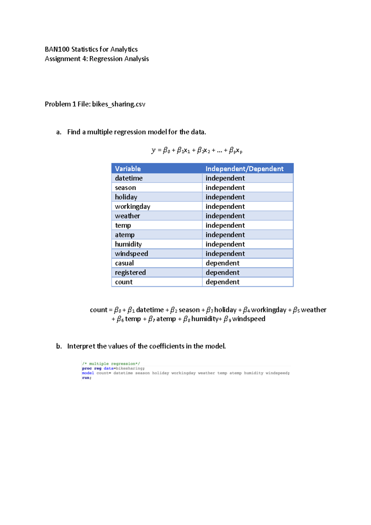 BAN100 Assignment 4 - Multiple Regression Analysis on Bike Sharing Data ...