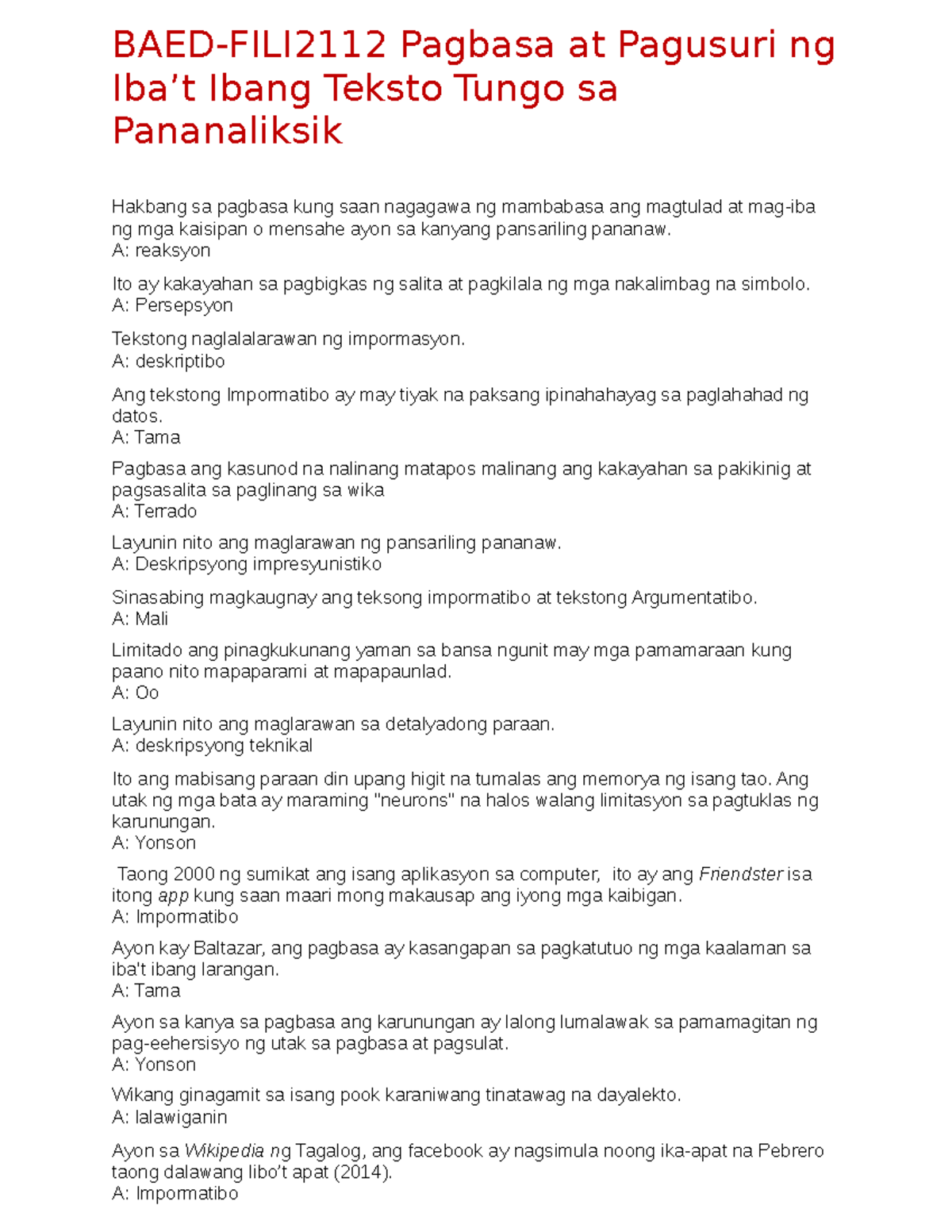 BAED FILI2112 2nd Sem - Pagbasa at Pagsusuri ng Iba - Document Preview