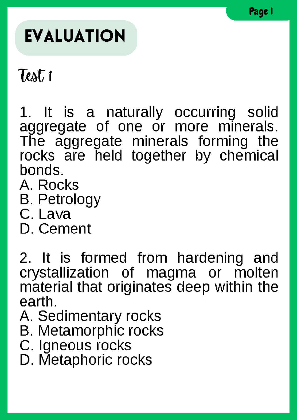Rock Types & Rock Cycle Evaluation Test 1 (Course Code: RSC101) - Studocu