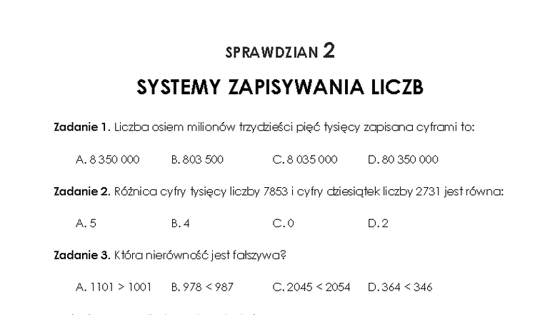 SPRAWDZIAN 2 MATEMATYKA Klasa IV: Systemy Zapisywania Liczb - Studocu