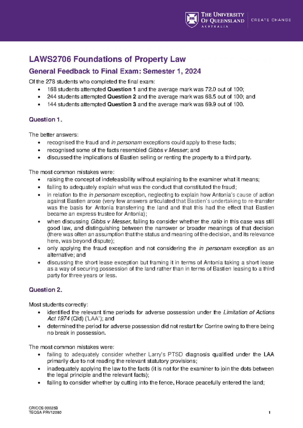 LAWS2706 2024 Final Exam Feedback on Property Law Performance - Studocu