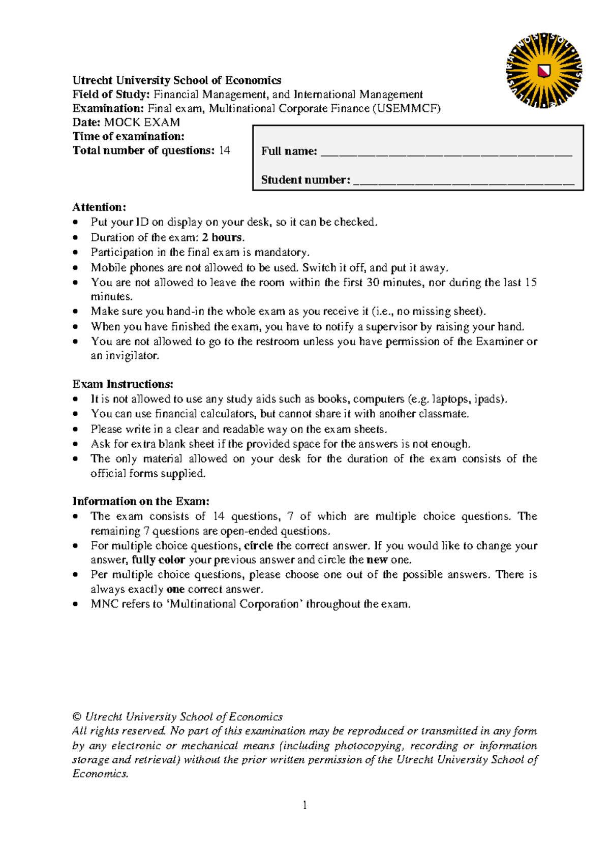 Final Exam Guide for Multinational Corporate Finance (USEMMCF ...