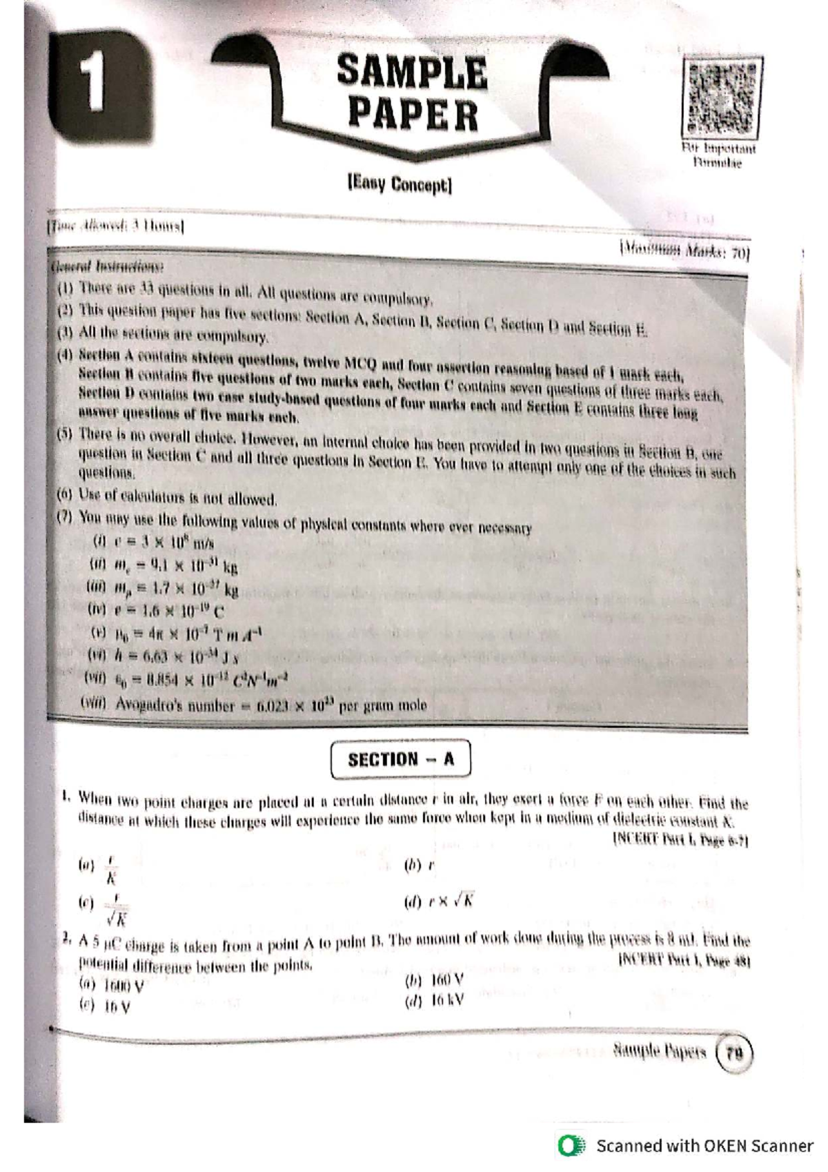 Physics Sample Paper 1: Important Formulae & General Instructions - Studocu
