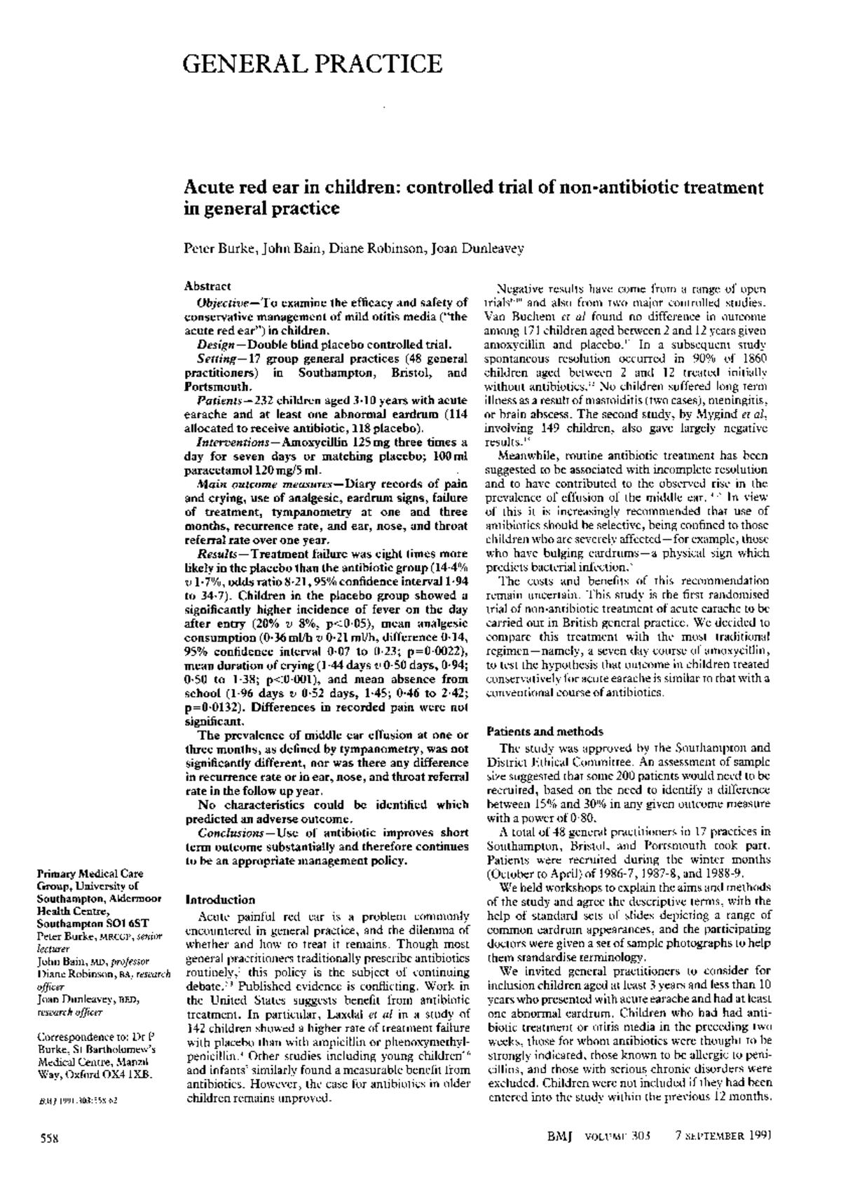 Acute Red Ear in Children: Non-Antibiotic Treatment Trial (BMJ 1991 ...