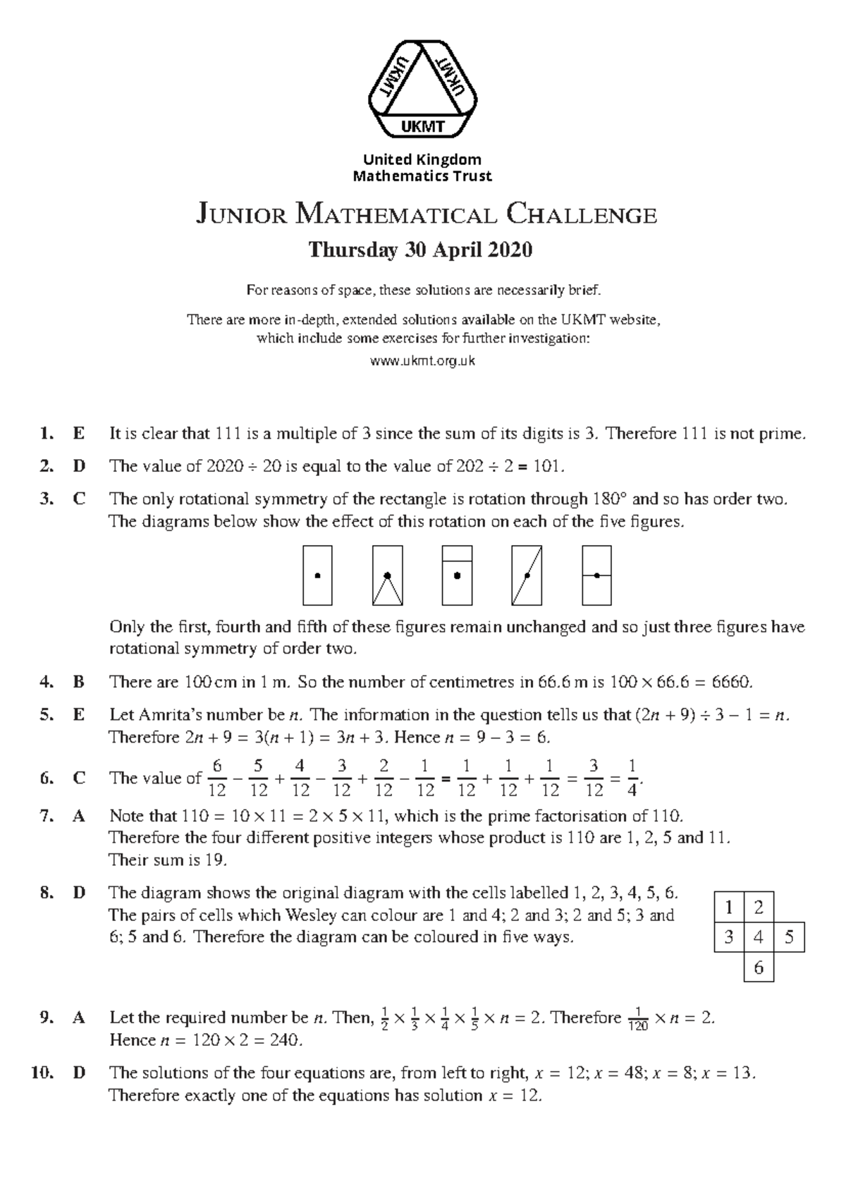 JMC 2020 Solutions - UKMT Junior Mathematical Challenge - Studocu