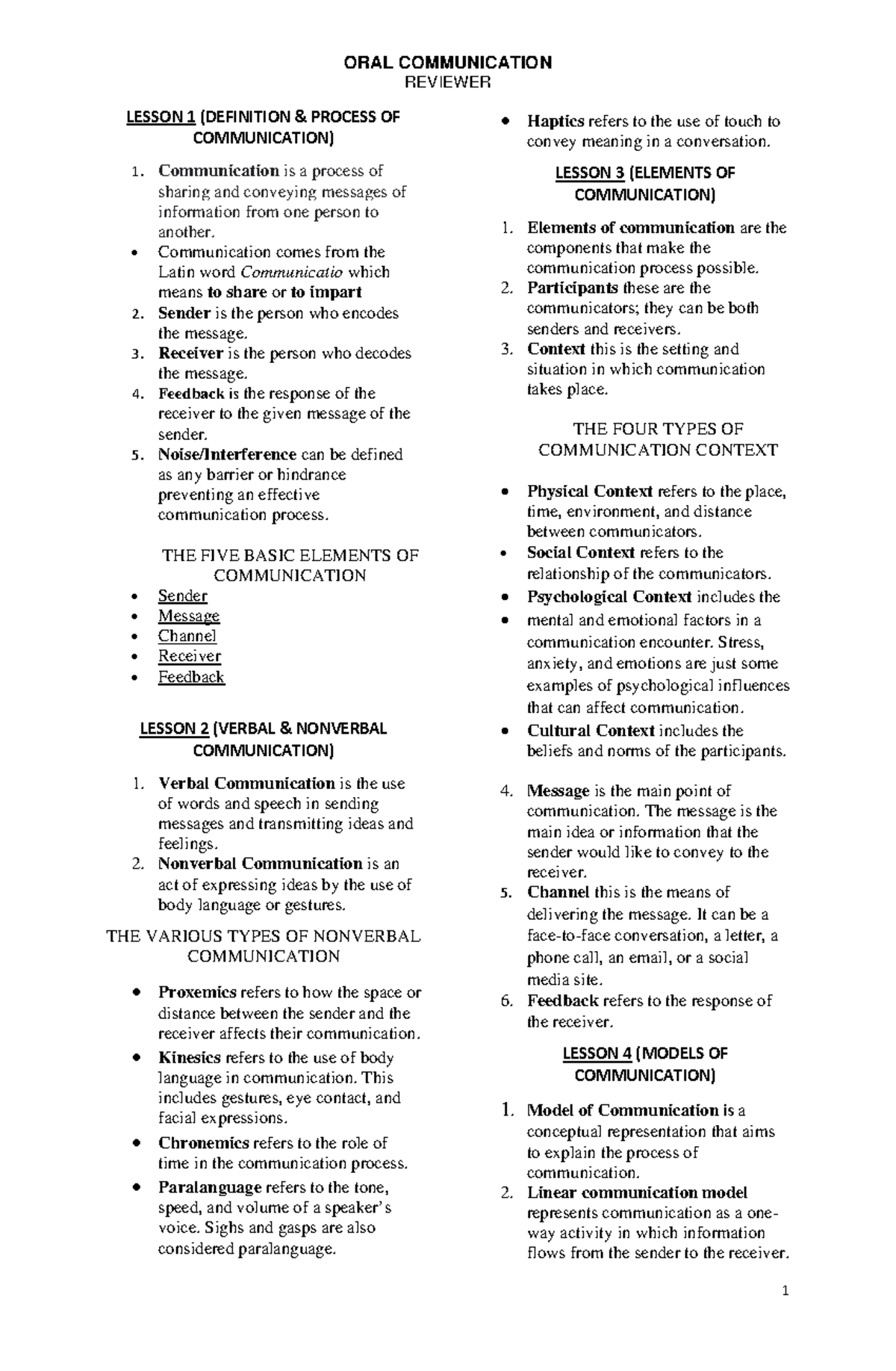 ORAL COMMUNICATION REVIEWER LESSONS 1 TO 6: KEY CONCEPTS & MODELS - Studocu