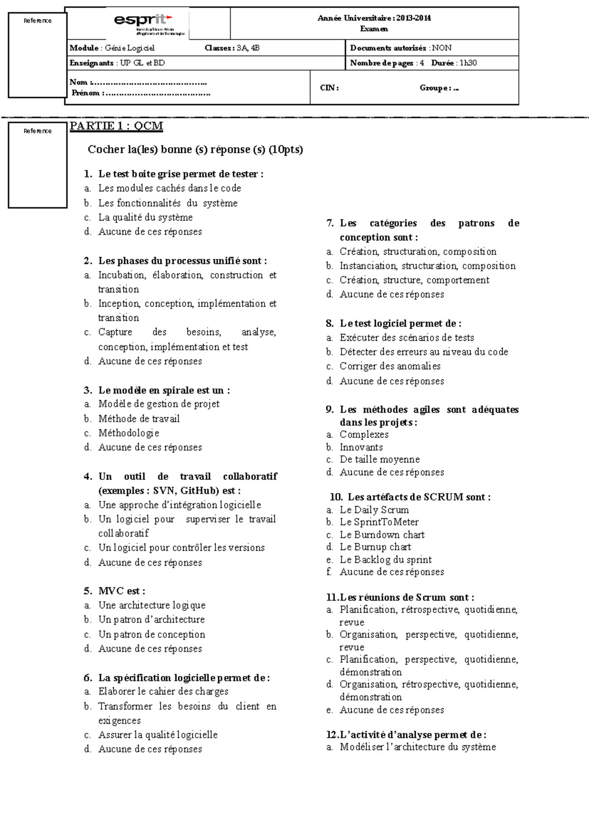 Examen de Rattrapage 2014 : Génie Logiciel GL - Classes 3A, 4B - Studocu