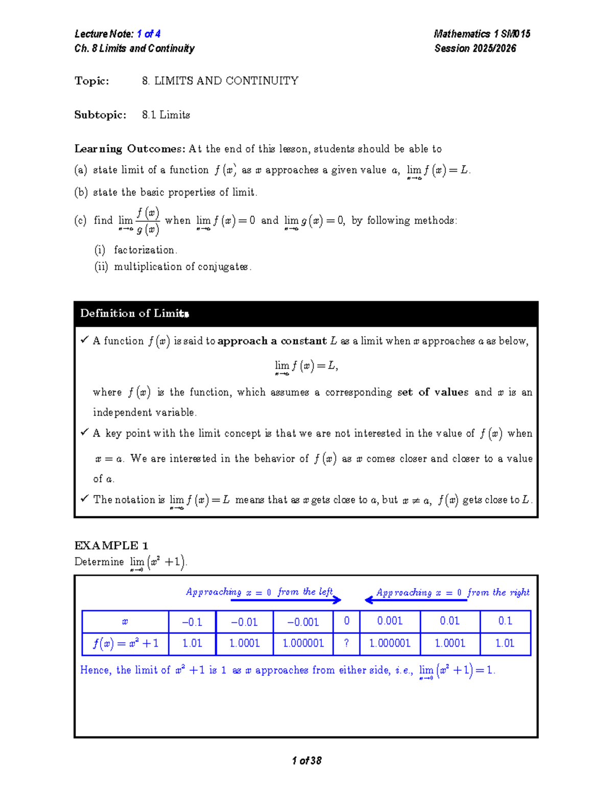 Mathematics 1 SM015 Lecture Notes: Ch. 8 Limits & Continuity - Studocu