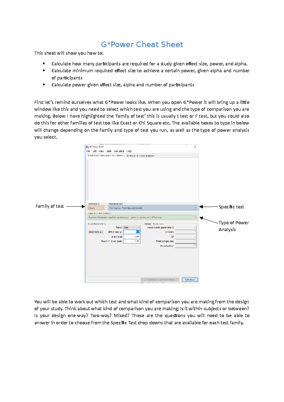 G*Power Power Analysis Cheat Sheet for Statistical Studies - Studocu