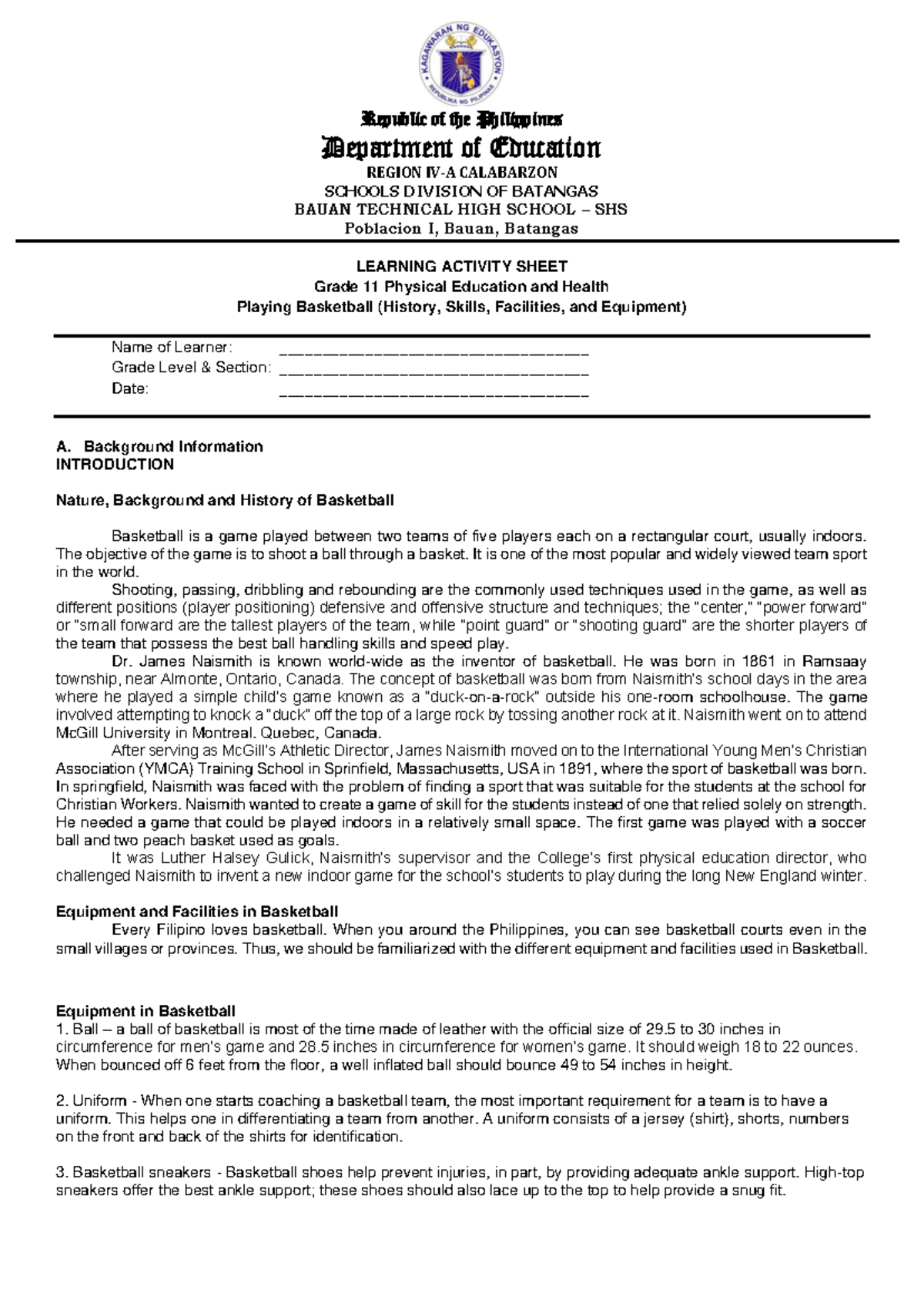 Basketball Learning Activity Sheet for PE 2ND SEM Grade 11 - Studocu